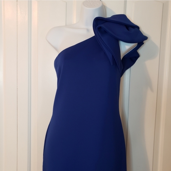 Betsy & Adam Cobalt Blue One-Shoulder Ruffled Scuba Gown Dress size 4 - Picture 4 of 16